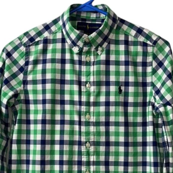 RALPH LAUREN Boy's Navy & Green Check Long Sleeve Button-Down Medium 10-12 - Picture 2 of 8